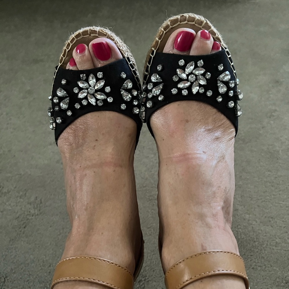 Black Canvas Jeweled Wedge Sandals - Picture 2 of 10